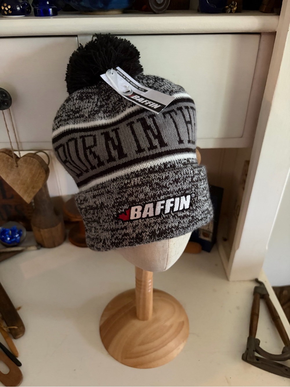 Baffin Black and Gray Pom Beanie with Logo Cuff